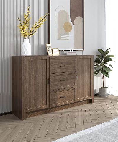Modern Wooden Entryway Side Cabinet with Storage Drawers Doors Vase and Green Plant on Top 3d model
