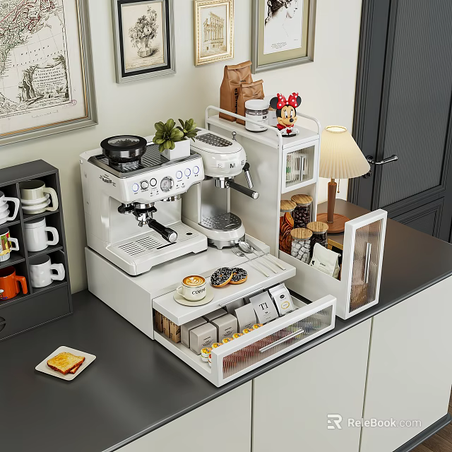 Sleek Storage Cabinet with Coffee Machine Mugs Plants and Lamp in Kitchen Bar Area 3d model 