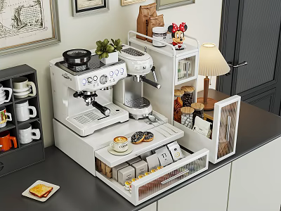 Sleek Storage Cabinet with Coffee Machine Mugs Plants and Lamp in Kitchen Bar Area 3d model