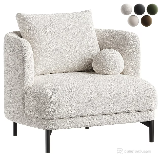 Soft Plush Beige Single Sofa With Round Decorative Pillow And Black Metal Legs 3d model 