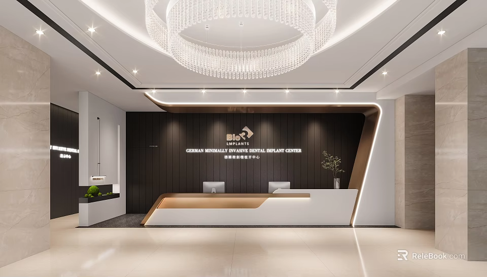 Modern Premium Dental Clinic Reception Area With Elegant Wall Decoration And Large Crystal Chandelier 3d model 