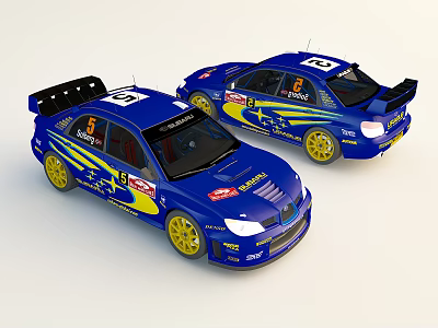Blue Rally Cars With Yellow Stripes And Sponsor Logos Numbers 5 And 8 3d model