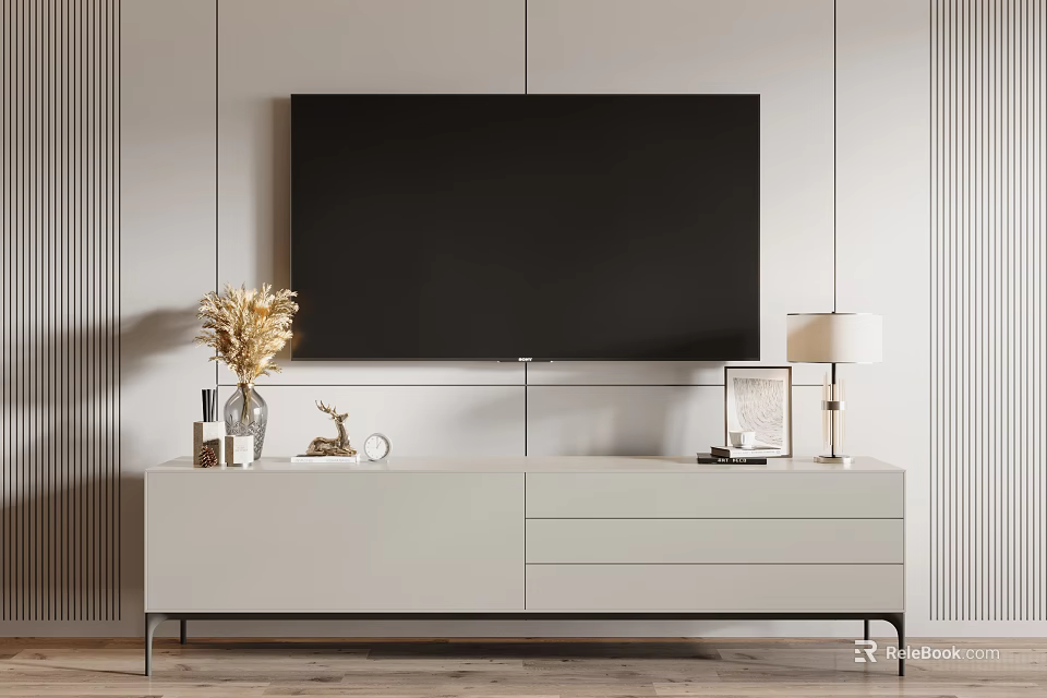 Minimalist White TV Stand Adorned With Dried Flowers Deer Figurine Table Lamp And Photo Frame 3d model 