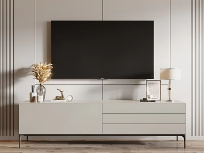 Minimalist White TV Stand Adorned With Dried Flowers Deer Figurine Table Lamp And Photo Frame 3d model