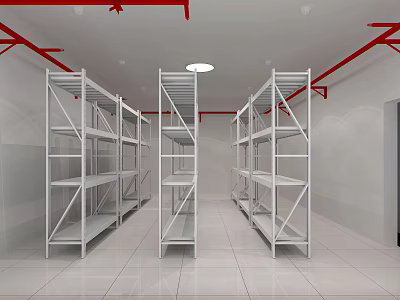 Metal Multi Tier Display Shelves In Organized Warehouse Storage Interior With White Floor 3d model
