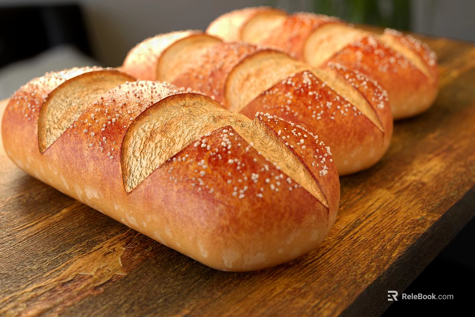 Freshly Baked Bread Loaves With Salt Sprinkles And Slits On Wooden Board 3d model 