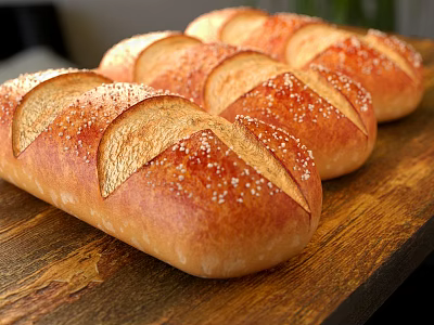 Freshly Baked Bread Loaves With Salt Sprinkles And Slits On Wooden Board 3d model