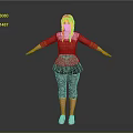 Woman in Red Top Black Skirt Striped Pants White Shoes with Braided Pigtails Arms Outstretched