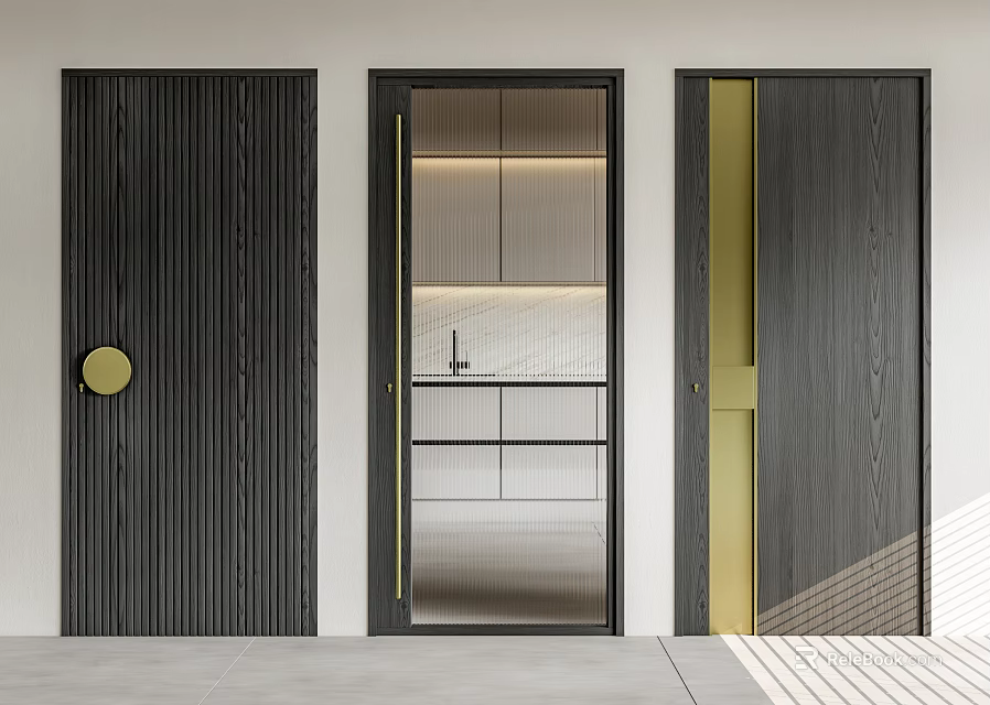 Modern Minimalist Dark Wood Hinged Doors with Ribbed Panels Glass Insert and Gold Accents 3d model 