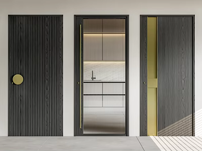 Modern Minimalist Dark Wood Hinged Doors with Ribbed Panels Glass Insert and Gold Accents 3d model