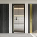 Modern Minimalist Dark Wood Hinged Doors with Ribbed Panels Glass Insert and Gold Accents