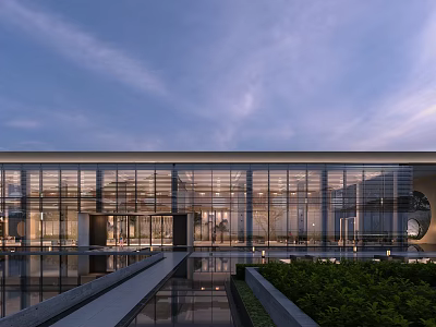 Modern Sales Office Building With Glass Curtain Wall Reflective Pool And Landscaped Gardens 3d model