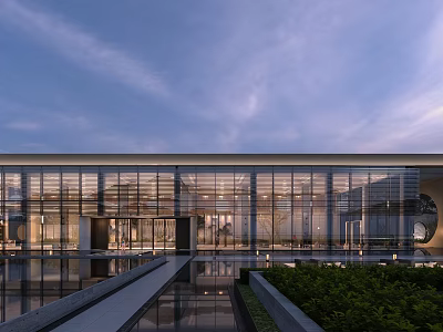 Modern Sales Office Building With Glass Curtain Wall Reflective Pool And Landscaped Gardens 3d model