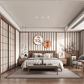 Japanese Style Bedroom Interior With Wooden Lattice Doors Round Wall Art Bed And Wooden Flooring