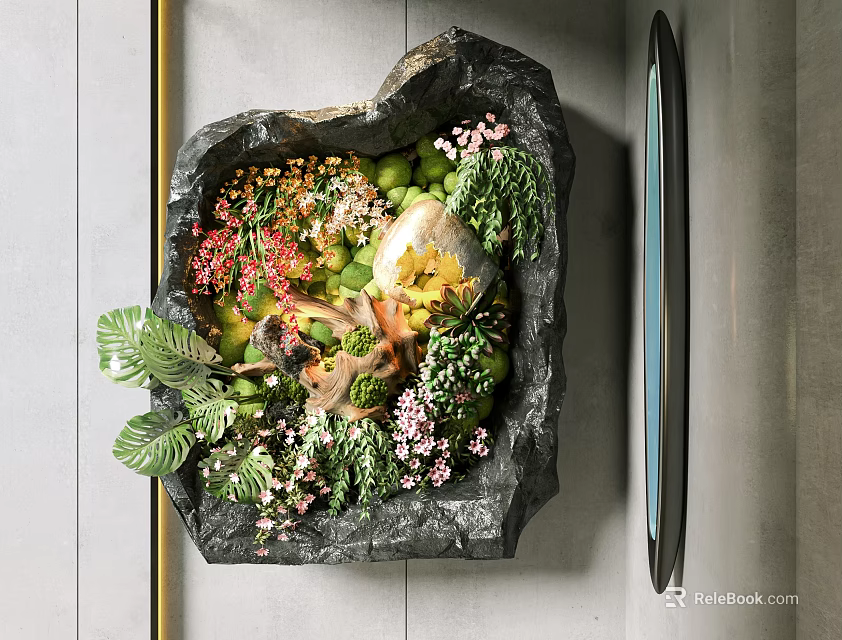 Art Installation Featuring Black Stone Container With Green Plants And Colorful Flowers 3d model 