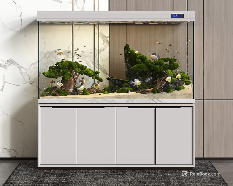 Modern Aquarium Interior with Decorative Plants Stones on White Cabinet 3d model 