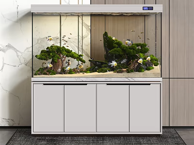 Modern Aquarium Interior with Decorative Plants Stones on White Cabinet 3d model
