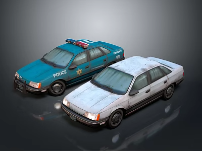 Blue Police Car With Emergency Lights And White Sedan Parked Together 3d model