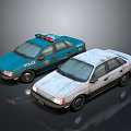 Blue Police Car With Emergency Lights And White Sedan Parked Together