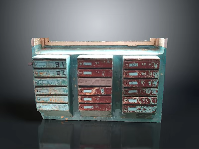 Vintage Rustic Cabinet With Multiple Colorful Drawers And Worn Surfaces 3d model