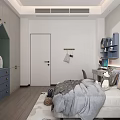 Kids Room Interior Design Featuring Gray Wardrobe Gold Handles Blue Shelves Bed Desk Gray Bedding
