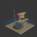 Water Platform Scene Featuring Hut With Straw Roof Black Flag Wooden Chairs And Flying Birds