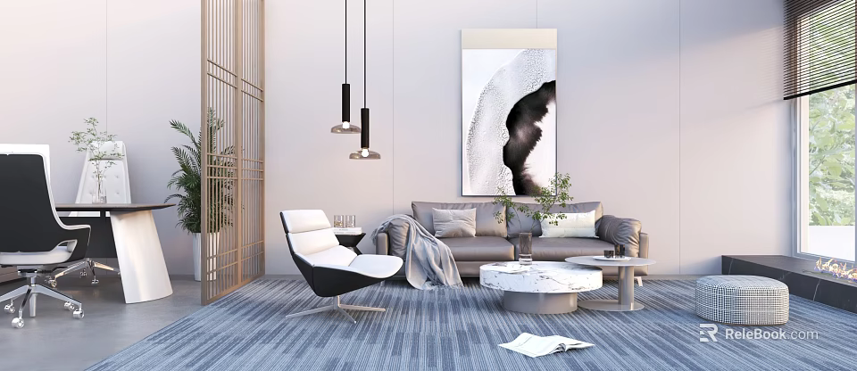 Casual Sofa Set With Armchair Marble Coffee Table Pendant Lights And Blue Carpet 3d model 
