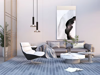 Casual Sofa Set With Armchair Marble Coffee Table Pendant Lights And Blue Carpet 3d model