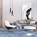 Casual Sofa Set With Armchair Marble Coffee Table Pendant Lights And Blue Carpet
