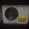 Rusty Outdoor Air Conditioner Fan With Yellow Graffiti And Dirty Soul Design