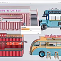 Colorful Container And Bus Style Food Trucks With Service Counters And Stools