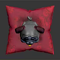 Cartoon Pug Figure Sitting On Red Cushion Wearing Blue Collar With Gold Bell