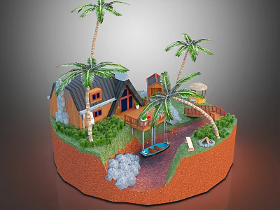 Cartoon Island Scene With Palm Trees Small Wooden House Green Grass Rocks And Boat 3d model