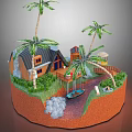 Cartoon Island Scene With Palm Trees Small Wooden House Green Grass Rocks And Boat