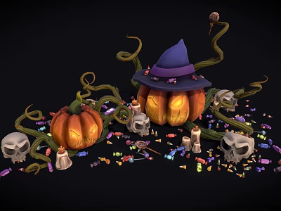 Halloween Decorative Ornament Set with Pumpkin Witch Hat Skulls Candies Candles and Vines 3d model