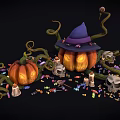 Halloween Decorative Ornament Set with Pumpkin Witch Hat Skulls Candies Candles and Vines