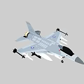 Gray Fighter Jet With Missiles Under Wings Blue Round Emblems Pointed Nose