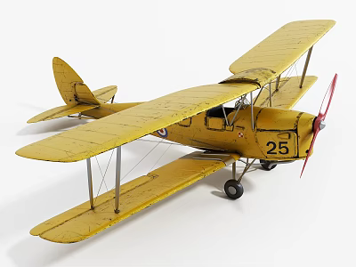 Vintage Yellow Biplane Passenger Airplane With Number 25 Marking Red Propeller And Model 3d model