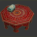 Red Octagonal Table With Intricate Floral Patterns And Decorative Box Top 3d model