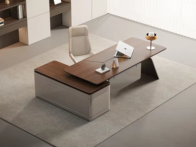 Modern Office Desk With Wooden Top Leather Cabinet Beige Chair Laptop And Golden Table Lamp 3d model