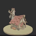 Whimsical Garden Landscape Featuring Cute Stylized Cartoon Windmill Cottage For Warm Rustic Pastoral Design