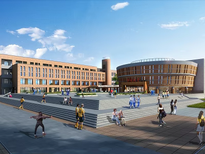 Modern Red Brick School Campus Building With Round Auditorium And Student Plaza For Outdoor Activities 3d model