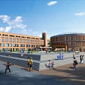Modern Red Brick School Campus Building With Round Auditorium And Student Plaza For Outdoor Activities