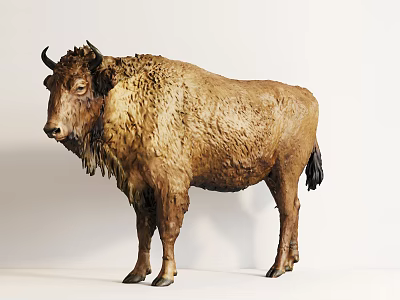 Realistic Bison Specimen Display With Thick Brown Fur And Curved Horns 3d model