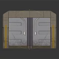 Sci Fi Industrial Scene Component Metal Door With Brick Frame Yellow Warning Stripes Horizontal Grooves