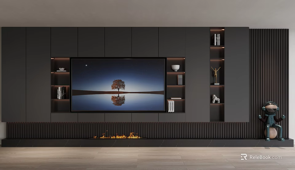 Sleek Modern TV Wall Unit With Large TV Fireplace Flames Open Shelves Books Decor 3d model 