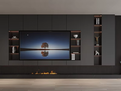 Sleek Modern TV Wall Unit With Large TV Fireplace Flames Open Shelves Books Decor 3d model