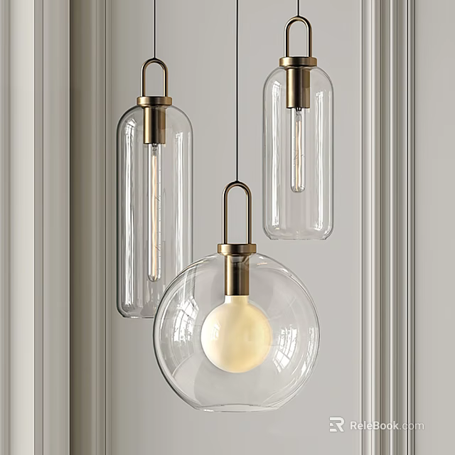 Modern Glass Pendant Lights With Metal Accents And Globe Bulbs Hanging 3d model 