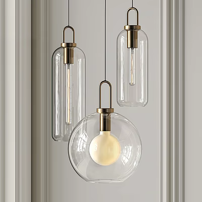 Modern Glass Pendant Lights With Metal Accents And Globe Bulbs Hanging 3d model