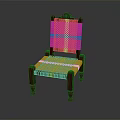 Traditional Red Wooden Chair With Woven Seat Backrest And Decorative Carved Top